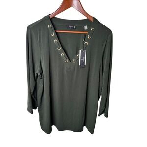 NWT Tahari Blouse 1X Olive Green Gold Embellished Top